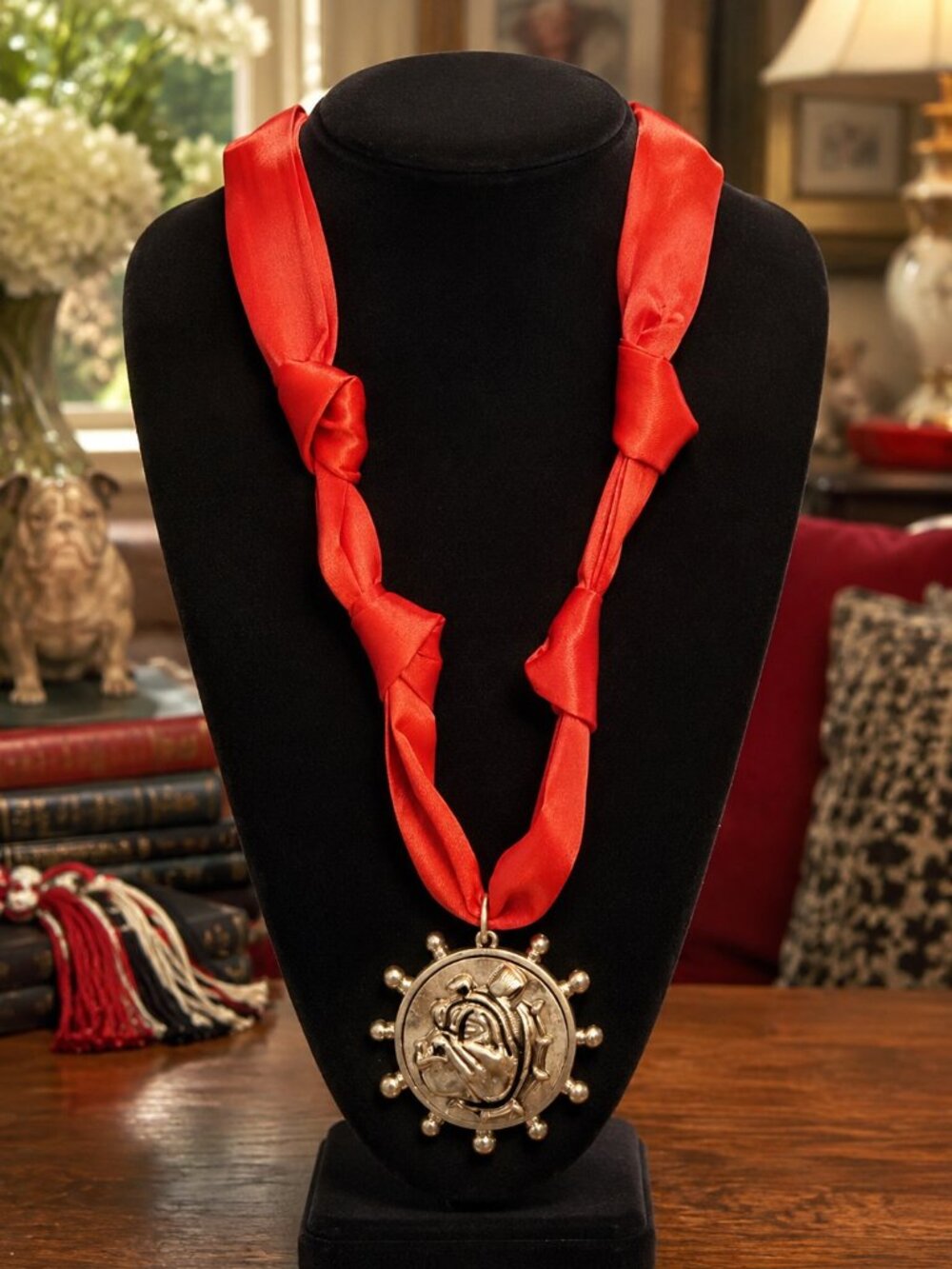Red Satin Scarf Necklace with Gold Bulldog Medallion | Georgia Game Day Jewelry